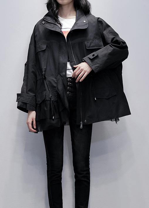 Drune | Stehkragen Mode Mäntel schwarze Patches Tüll kurze Jacken