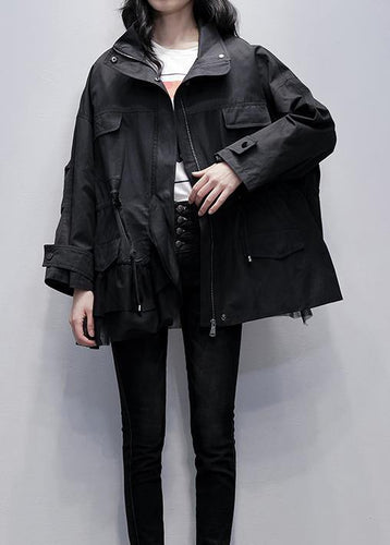 Drune | Stehkragen Mode Mäntel schwarze Patches Tüll kurze Jacken