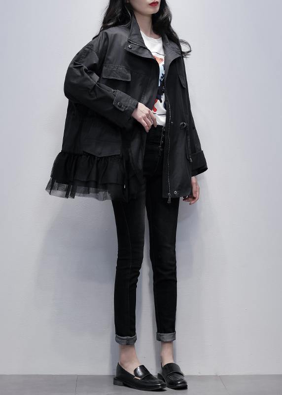 Drune | Stehkragen Mode Mäntel schwarze Patches Tüll kurze Jacken