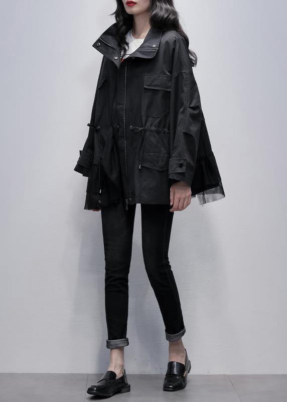 Drune | Stehkragen Mode Mäntel schwarze Patches Tüll kurze Jacken