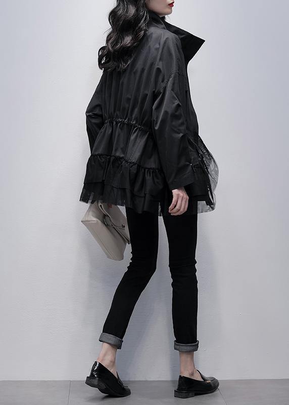 Drune | Stehkragen Mode Mäntel schwarze Patches Tüll kurze Jacken