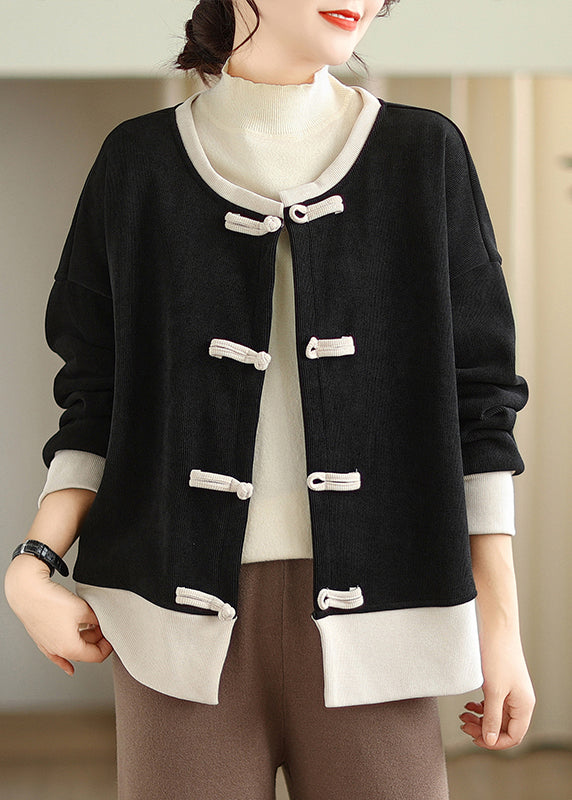 Drune | Stil Schwarzer O-Hals Orientalischer Knopf Warmer Fleece-Mäntel