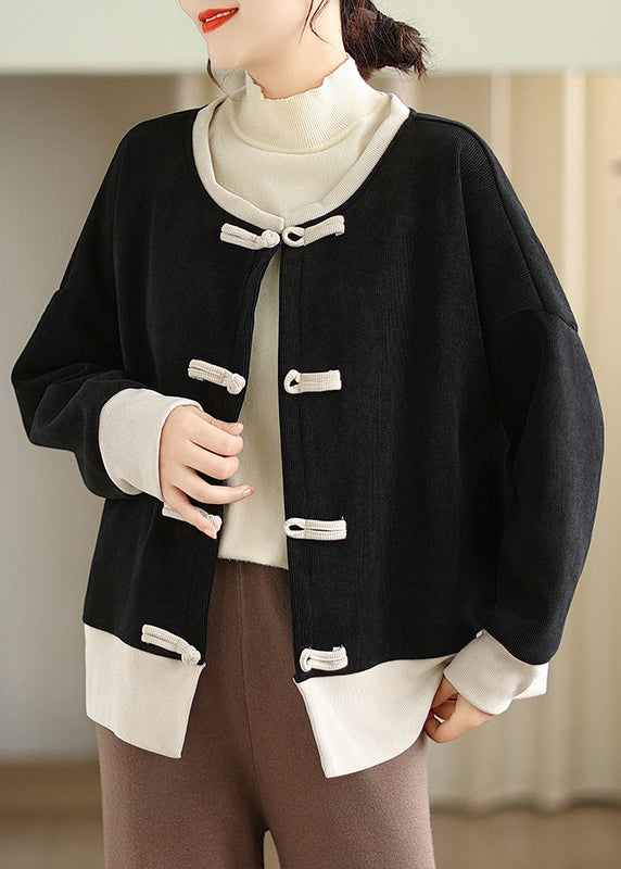 Drune | Stil Schwarzer O-Hals Orientalischer Knopf Warmer Fleece-Mäntel