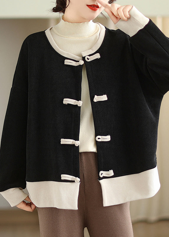 Drune | Stil Schwarzer O-Hals Orientalischer Knopf Warmer Fleece-Mäntel