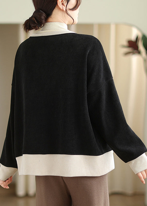 Drune | Stil Schwarzer O-Hals Orientalischer Knopf Warmer Fleece-Mäntel