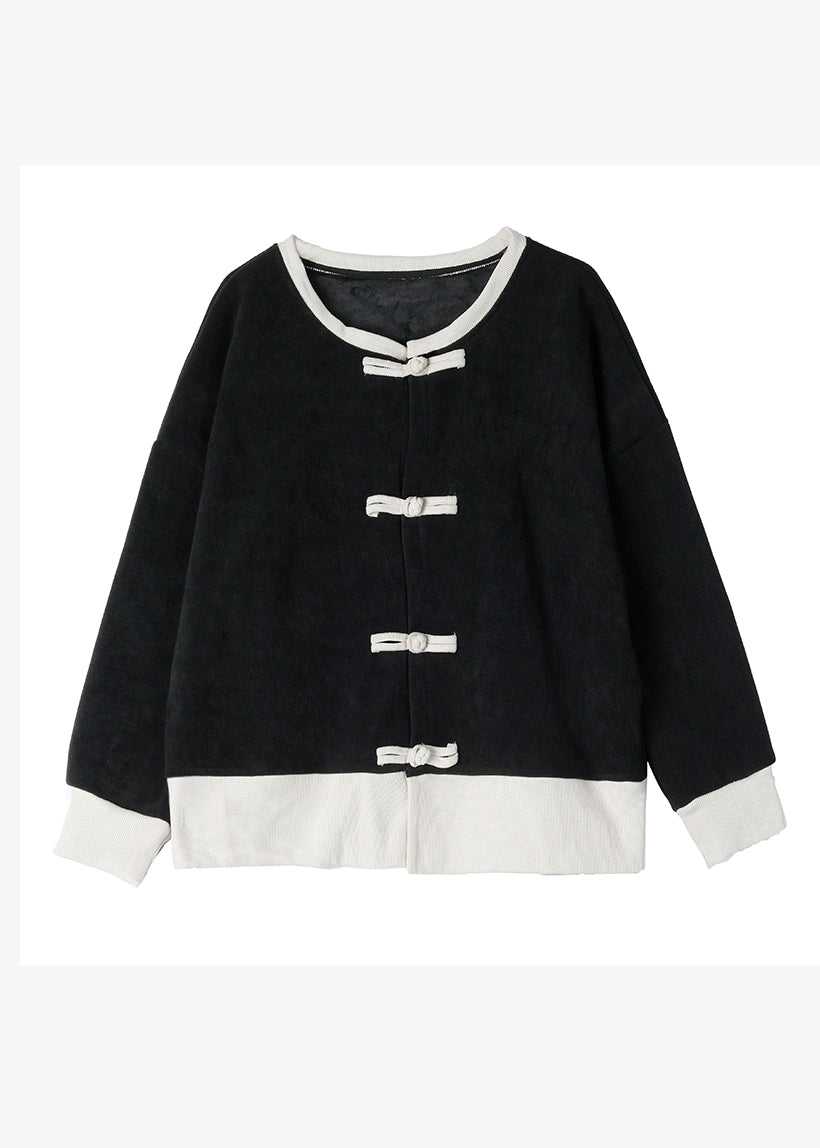 Drune | Stil Schwarzer O-Hals Orientalischer Knopf Warmer Fleece-Mäntel