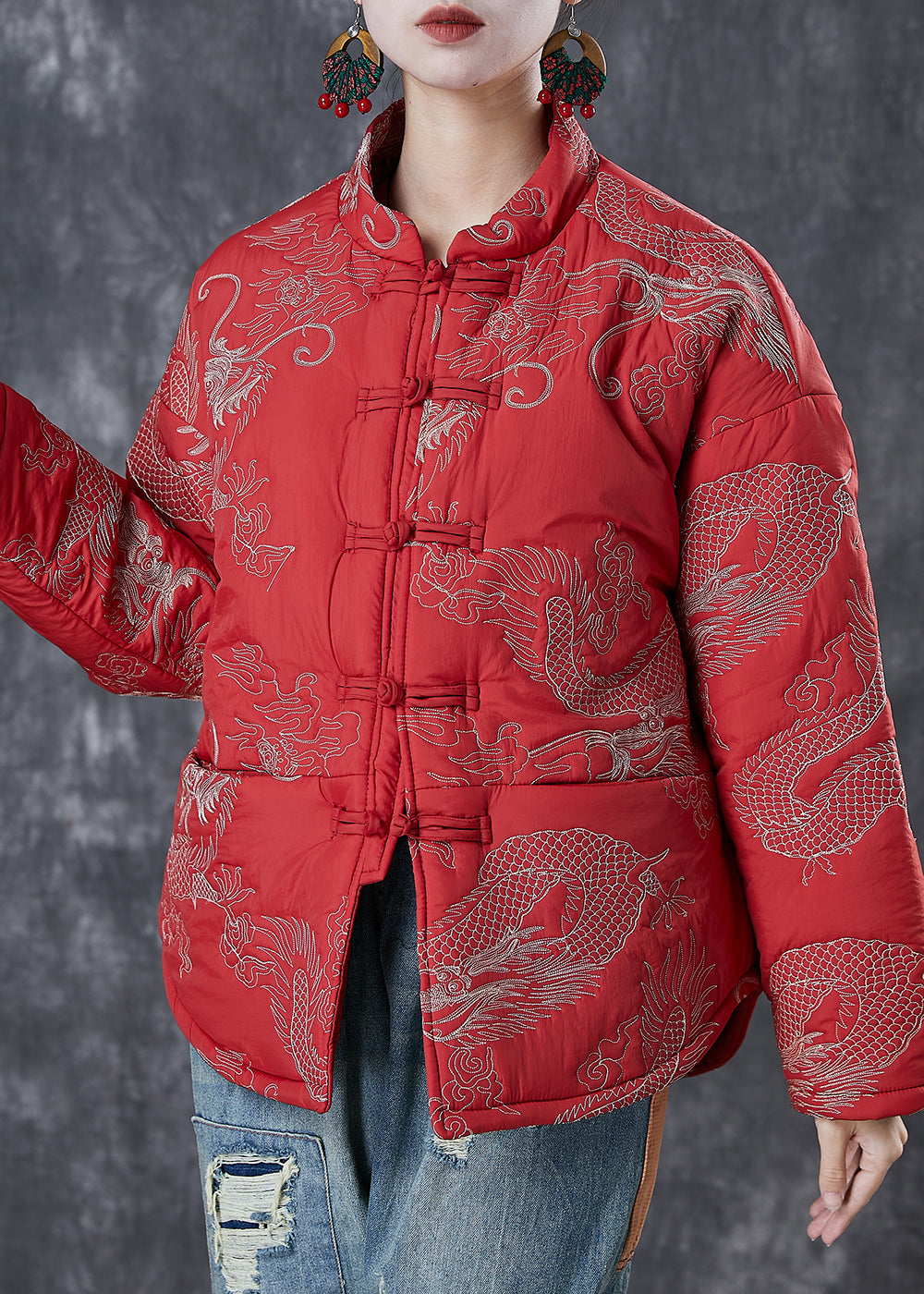 Drune | Stil Rot Bestickte Patchwork Feine Baumwollgefüllte Mäntel Winter