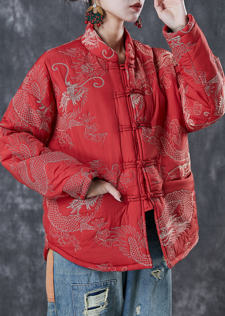 Drune | Stil Rot Bestickte Patchwork Feine Baumwollgefüllte Mäntel Winter