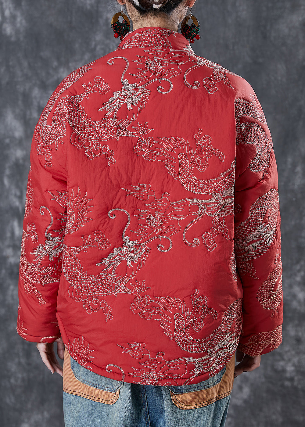 Drune | Stil Rot Bestickte Patchwork Feine Baumwollgefüllte Mäntel Winter