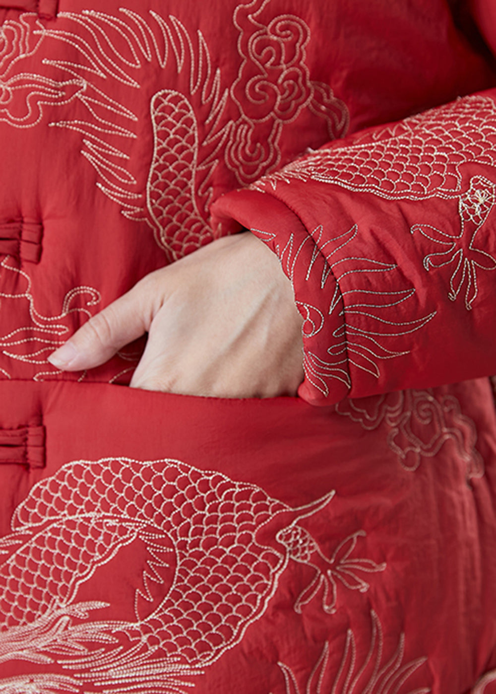 Drune | Stil Rot Bestickte Patchwork Feine Baumwollgefüllte Mäntel Winter