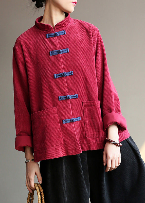 Drune | Stil Weinrot Taschen Knopf Cordjacken Langarm