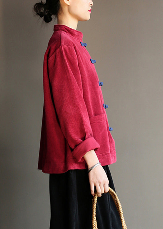 Drune | Stil Weinrot Taschen Knopf Cordjacken Langarm