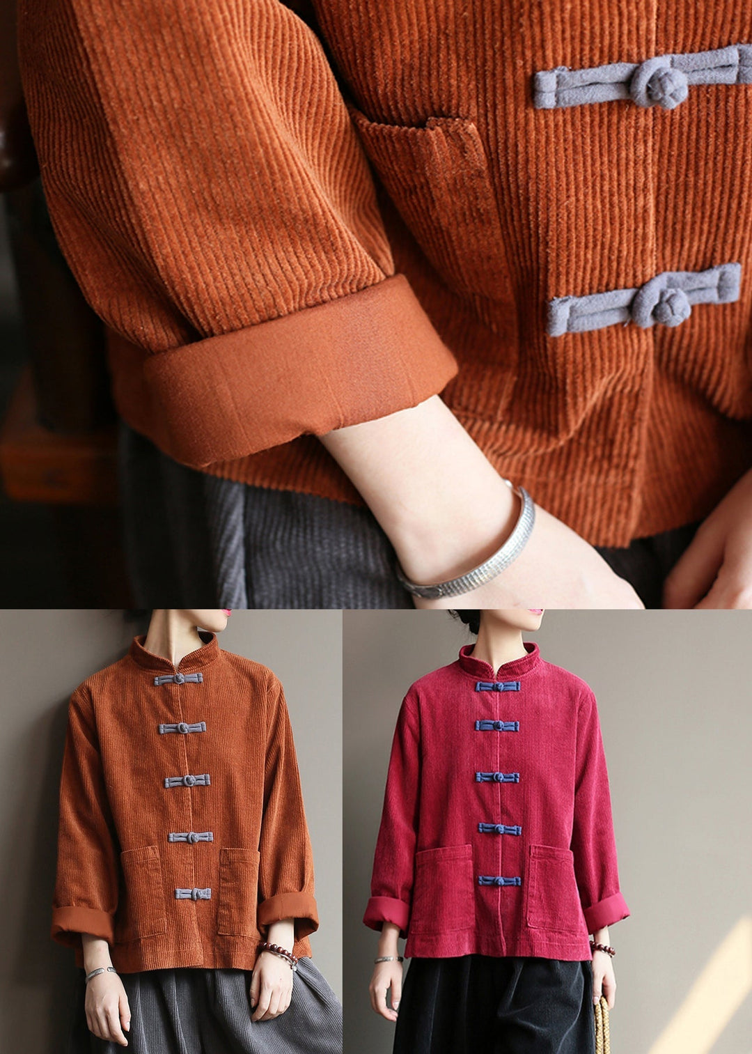 Drune | Stil Weinrot Taschen Knopf Cordjacken Langarm