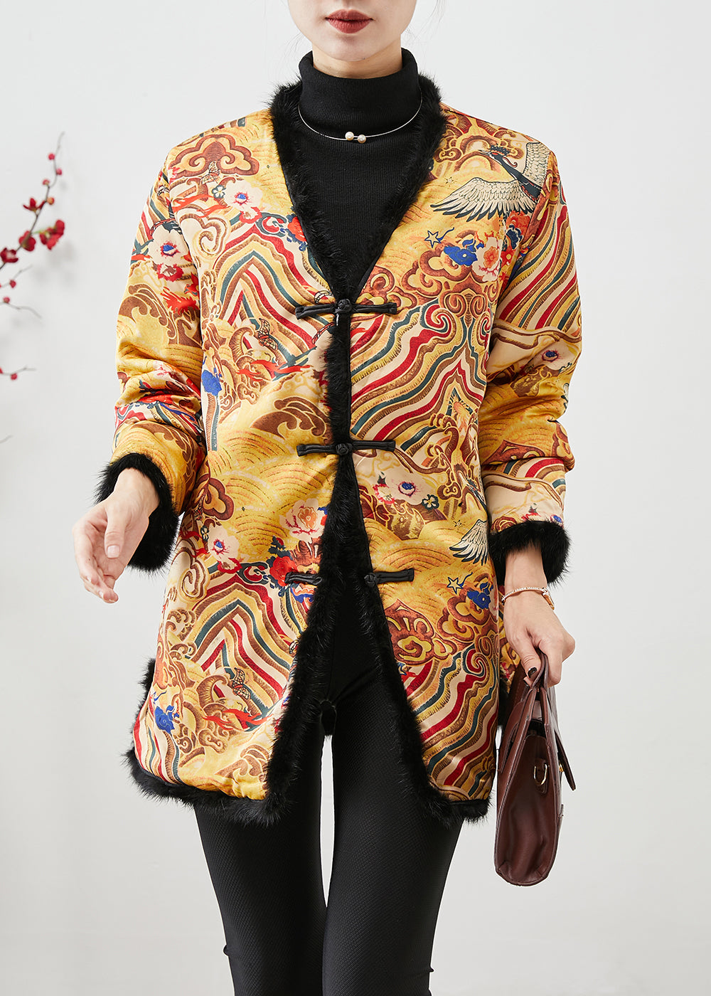Drune | Stil Gelb Druck Patchwork Mink Haar Feine Baumwollgefüllte Mäntel Winter