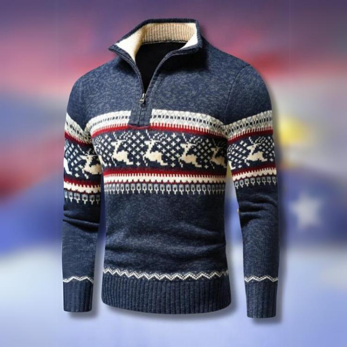 Drune | Winterpullover für Herren - warmer gestrickter Pullover mit halbem Reißverschluss & skandinavischem Rentiermuster