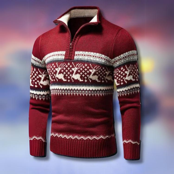 Drune | Winterpullover für Herren - warmer gestrickter Pullover mit halbem Reißverschluss & skandinavischem Rentiermuster