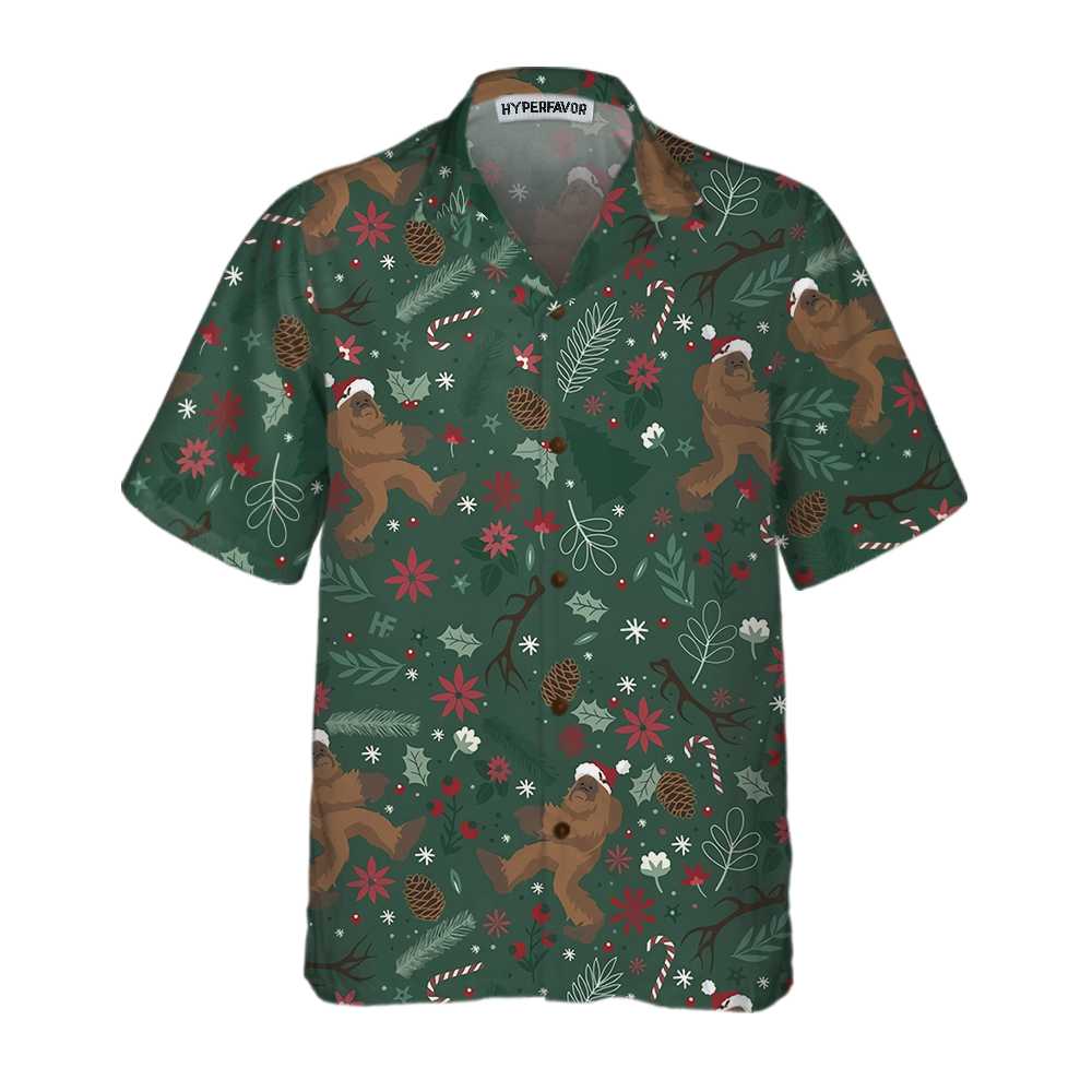 Drune | Weihnachts-Bigfoot-Muster Hawaiian Shirt, Lustiges Bigfoot-Weihnachtshemd für Männer