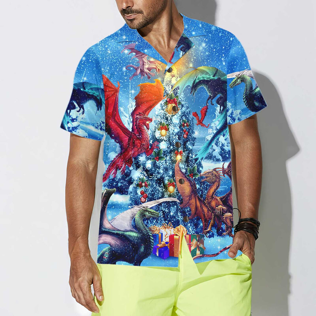 Drune | Christmas Dragons Reunion Weihnachts-Hawaiianshirt, Festliches Drachen-Hawaiianshirt für Herren
