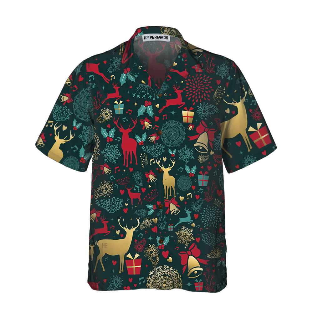 Drune | Weihnachtsgoldhirschmuster Hawaiian Shirt, Weihnachtsren Shirt, Beste Weihnachtsgeschenkidee