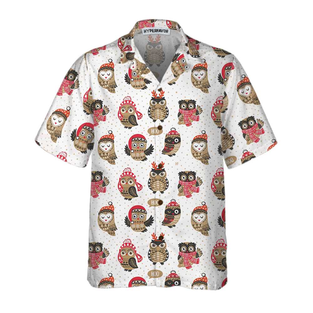 Drune | Weihnachts-Eule mit Strickmütze Hawaiian Shirt, Lustiges Weihnachtshemd, Beste Weihnachtsgeschenkidee