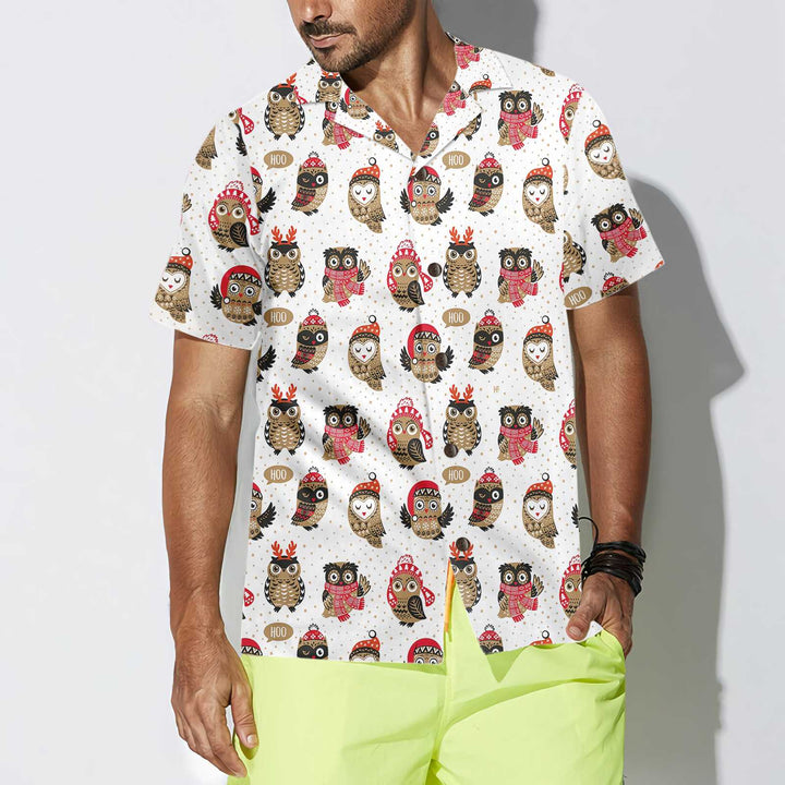 Drune | Weihnachts-Eule mit Strickmütze Hawaiian Shirt, Lustiges Weihnachtshemd, Beste Weihnachtsgeschenkidee