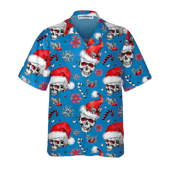 Drune | Weihnachts-Schädel mit Zuckerstangen Blaue Version Weihnachts-Hawaiianhemd, Schädel Weihnachts-Hawaiianhemd für Männer