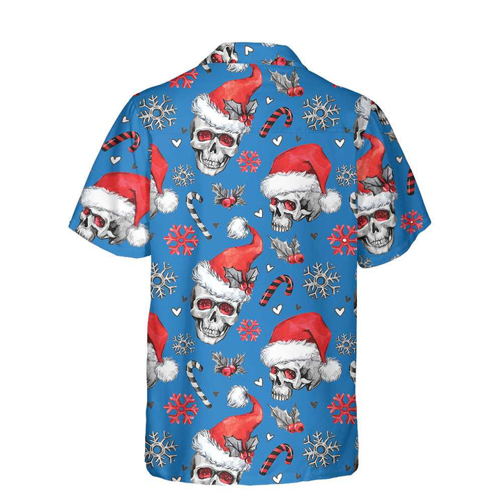 Drune | Weihnachts-Schädel mit Zuckerstangen Blaue Version Weihnachts-Hawaiianhemd, Schädel Weihnachts-Hawaiianhemd für Männer