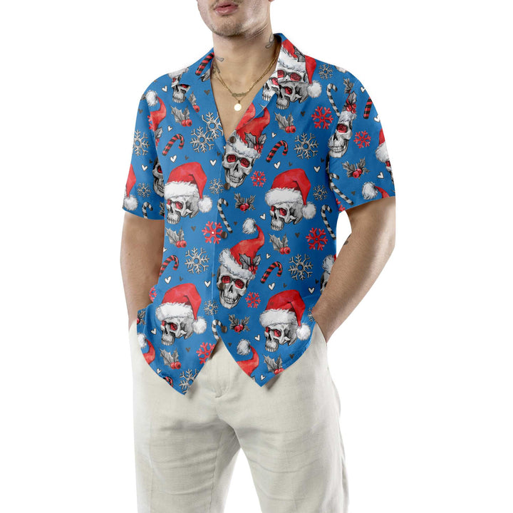 Drune | Weihnachts-Schädel mit Zuckerstangen Blaue Version Weihnachts-Hawaiianhemd, Schädel Weihnachts-Hawaiianhemd für Männer