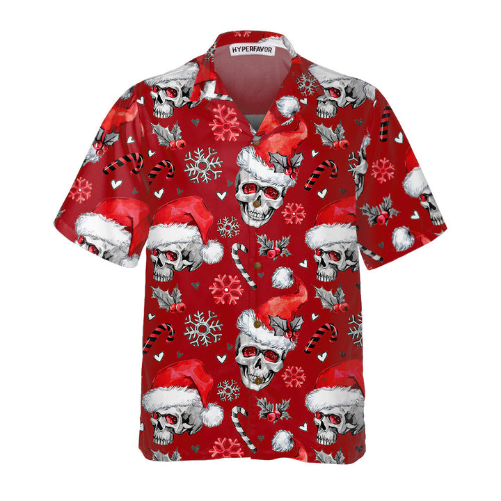 Drune | Weihnachts-Schädel mit Zuckerstangen Rote Version Weihnachts-Hawaiianhemd, Schädel Weihnachts-Hawaiianhemd für Männer