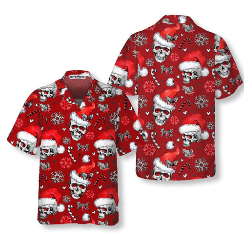 Drune | Weihnachts-Schädel mit Zuckerstangen Rote Version Weihnachts-Hawaiianhemd, Schädel Weihnachts-Hawaiianhemd für Männer