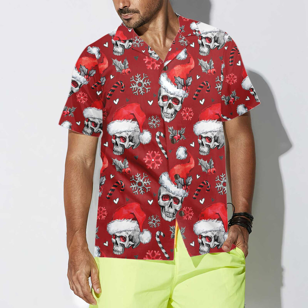 Drune | Weihnachts-Schädel mit Zuckerstangen Rote Version Weihnachts-Hawaiianhemd, Schädel Weihnachts-Hawaiianhemd für Männer