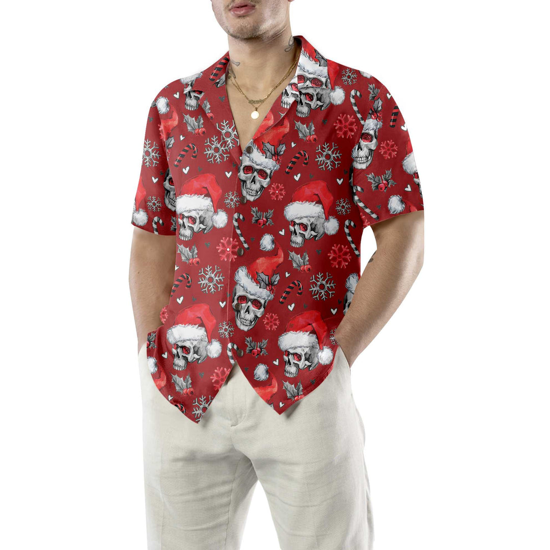 Drune | Weihnachts-Schädel mit Zuckerstangen Rote Version Weihnachts-Hawaiianhemd, Schädel Weihnachts-Hawaiianhemd für Männer