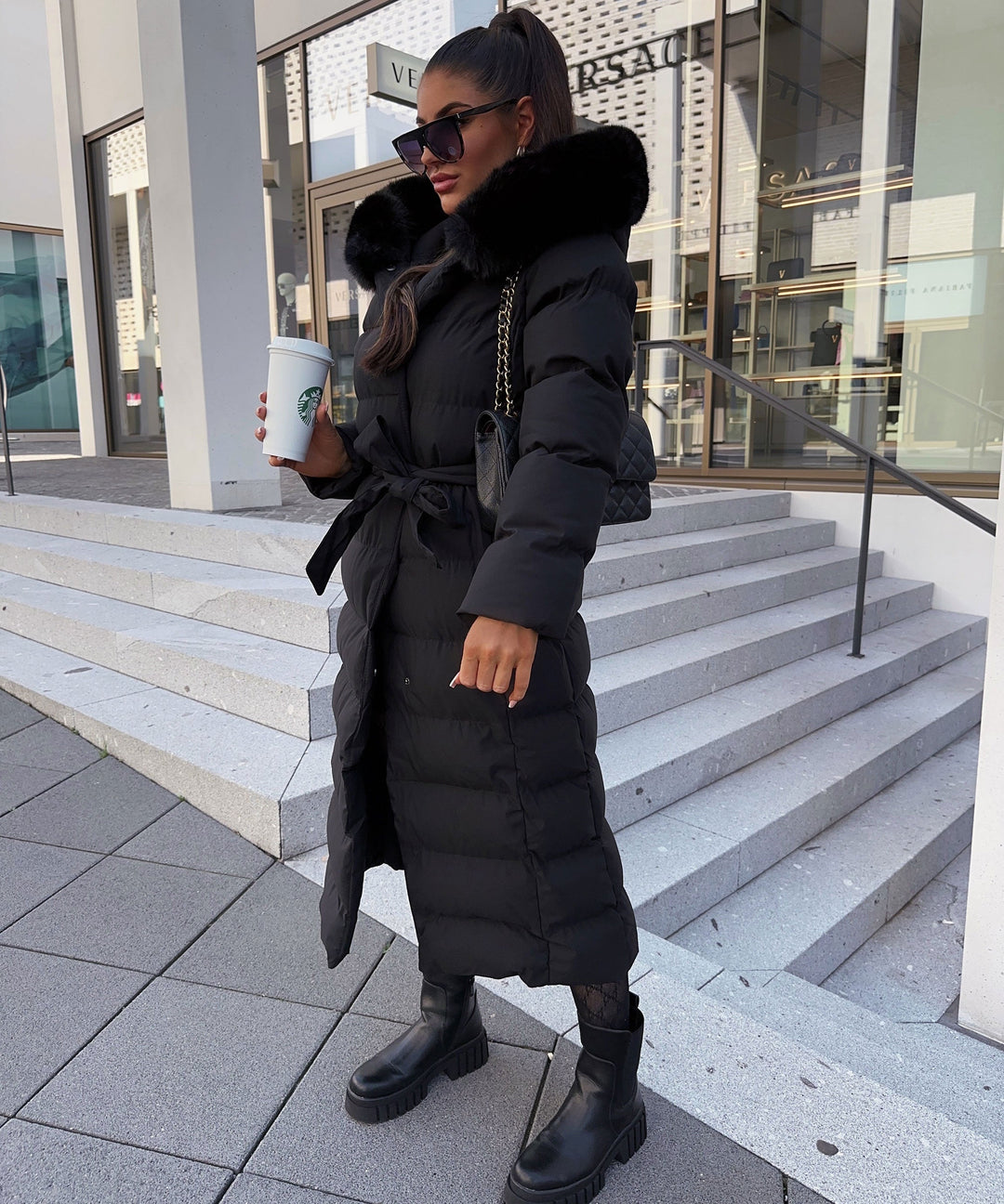 Drune | Damen Lange Gewattete Winterparka mit Kapuze und Gürtel