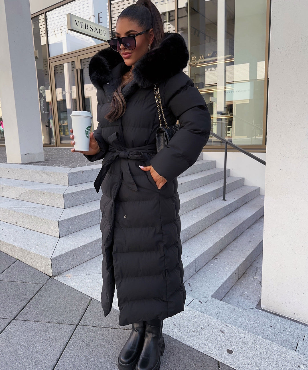 Drune | Damen Lange Gewattete Winterparka mit Kapuze und Gürtel