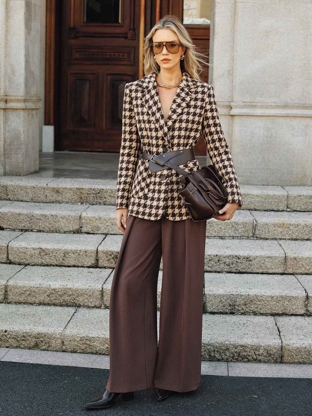 Drune | Hahnentritt Blazer - Gürteldesign mit langen Ärmeln