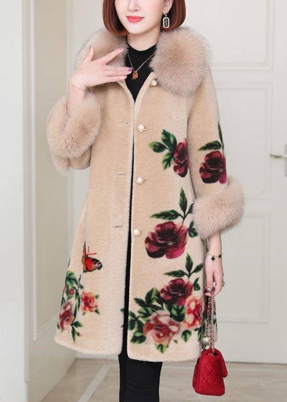 Drune | Beige Peter Pan Kragen Taschen Druck Wollmäntel Winter