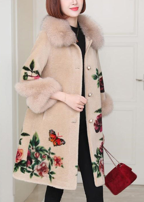 Drune | Beige Peter Pan Kragen Taschen Druck Wollmäntel Winter