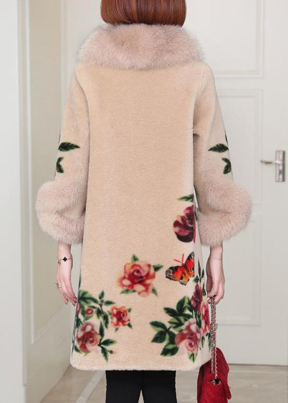 Drune | Beige Peter Pan Kragen Taschen Druck Wollmäntel Winter