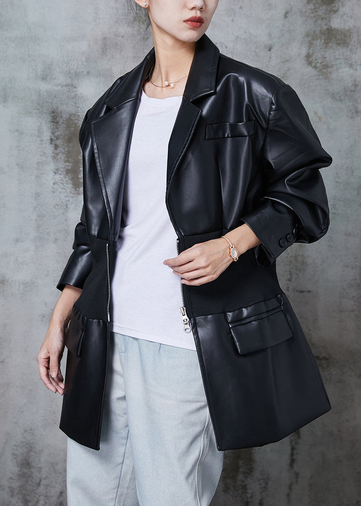 Drune | Schwarze Elastische Taille Patchwork Kunstleder Mäntel