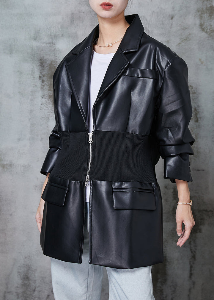 Drune | Schwarze Elastische Taille Patchwork Kunstleder Mäntel