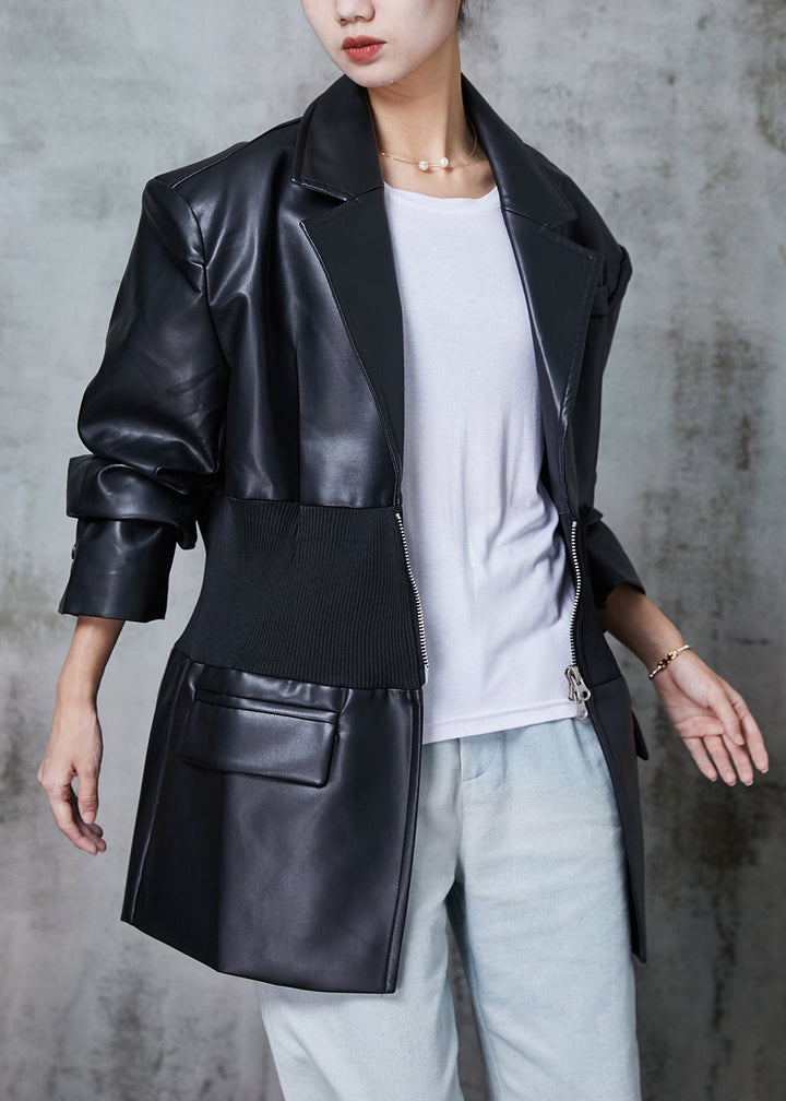 Drune | Schwarze Elastische Taille Patchwork Kunstleder Mäntel
