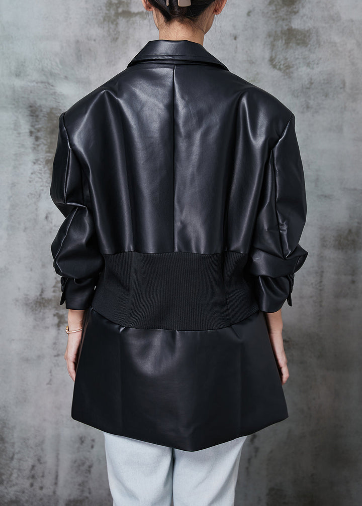 Drune | Schwarze Elastische Taille Patchwork Kunstleder Mäntel