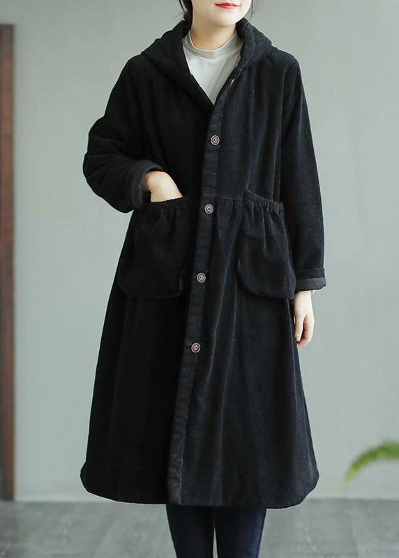 Drune | Schwarzer feiner Maxi-Mantel mit Kapuze Taschen Damenmäntel