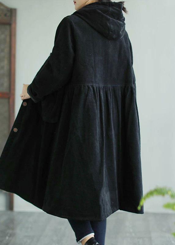 Drune | Schwarzer feiner Maxi-Mantel mit Kapuze Taschen Damenmäntel