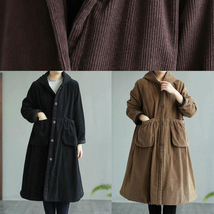 Drune | Schwarzer feiner Maxi-Mantel mit Kapuze Taschen Damenmäntel