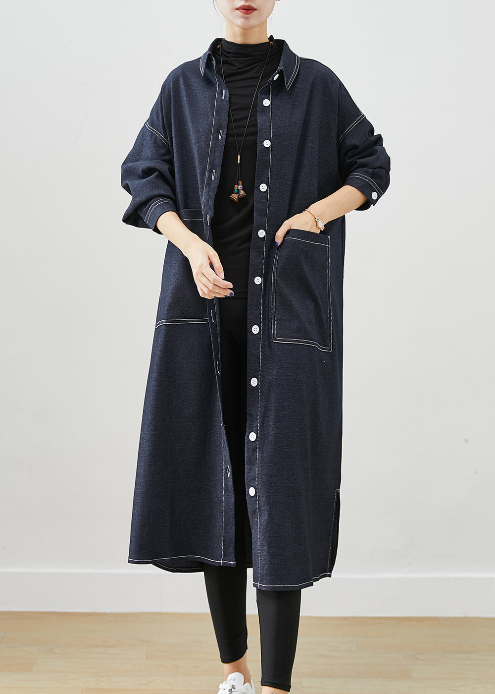 Drune | Schwarze Übergröße Taschen Seitlich Offene Denim Trenchcoats
