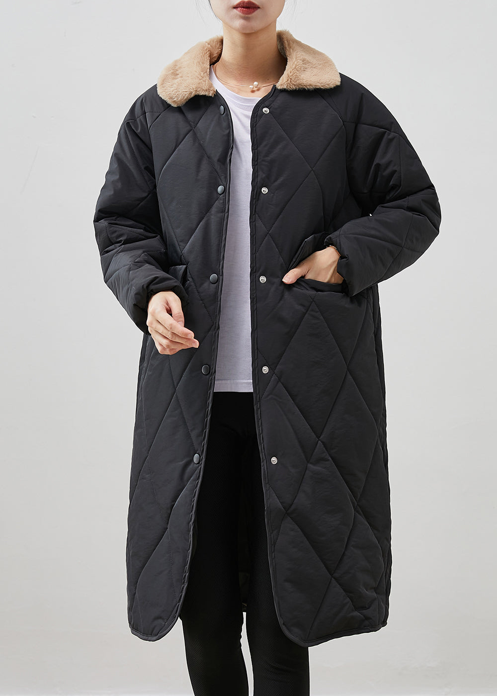 Drune | Schwarze Peter-Pan-Kragen Taschen Entenfedern Pufferjacken Winter