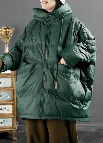 Drune | Schwarzgrüne Zip-Up Kordelzug Enten Daunenjacken Winter