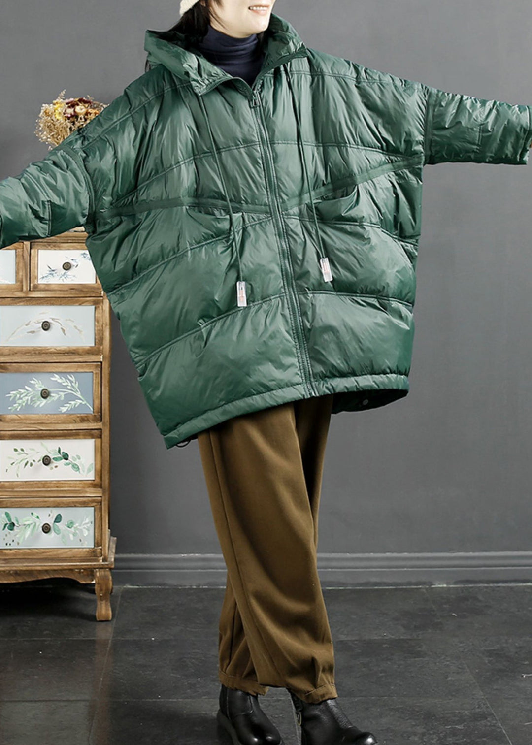 Drune | Schwarzgrüne Zip-Up Kordelzug Enten Daunenjacken Winter