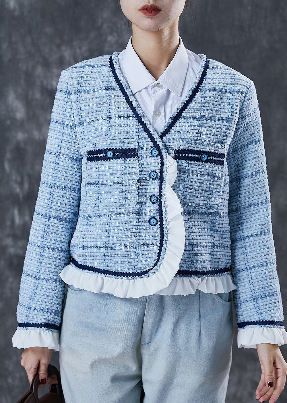 Drune | Blaue Rüschenshirt-Patchwork-Baumwollmäntel